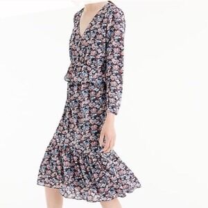 J. Crew Floral Paisley Ruffle Midi Prairie Dress Black Pink Blue 0